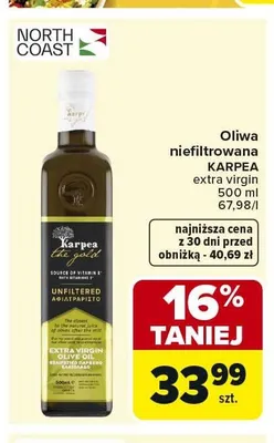 Oliwa niefiltrowana Karpea extra virgin promocja w Carrefour Market