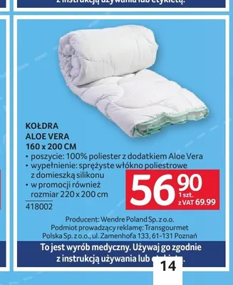 Kołdra Aloe Vera Wendre 160x200 cm promocja w Selgros