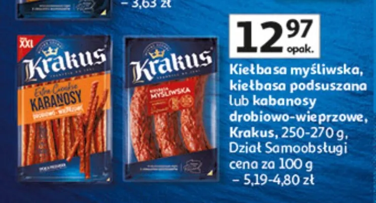 Kiełbasa myśliwska, kiełbasa wędzona, kiełbasa kabanosowa lub kabanosy wędzone dział samoobsługi promocja w Auchan