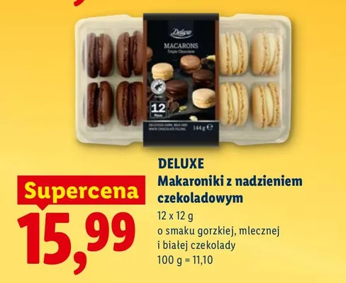 Makaroniki z nadzieniem czekoladowym o smaku gorzkiej, mlecznej i białej czekolady promocja w Lidl