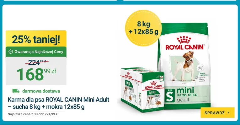 Karma dla psa Royal Canin Mini Adult – sucha 8 kg + mokra 12x85 g promocja w ERLI