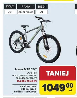 Rower MTB DUSTER 26" amortyzator przedni hamulce tarczowe promocja w Carrefour