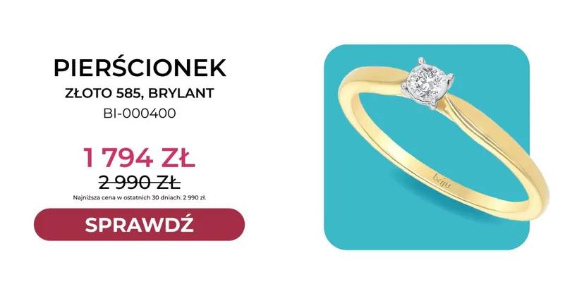 Pierścionek złoto 585 brylant Briju promocja w Briju
