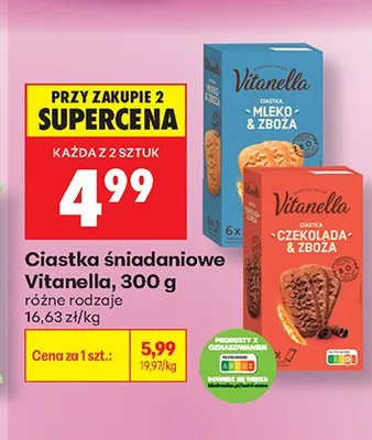 Ciastka śniadaniowe Vitanella Mleko & Zboża promocja w Biedronka