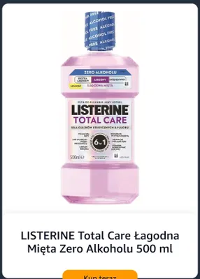 Płyn do płukania jamy ustnej Listerine Total Care Łagodna Mięta Zero Alkoholu promocja w Amazon