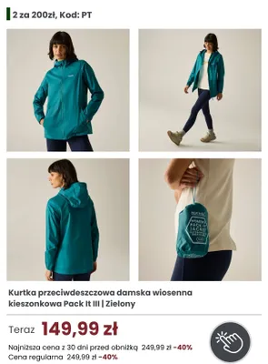 Kurtka przeciwdeszczowa damska wiosenna kieszonkowa Regatta Great Outdoors Pack It III promocja w Regatta