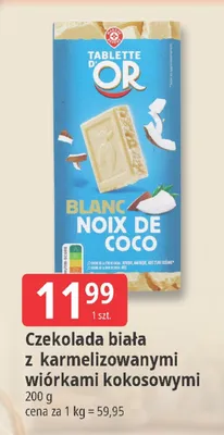 Czekolada biała z karmelizowanymi wiórkami kokosowymi promocja w Leclerc