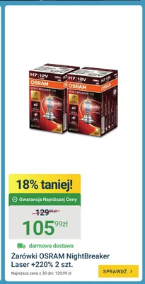 Żarówki samochodowe OSRAM NightBreaker Laser +220% 2-pak promocja w ERLI