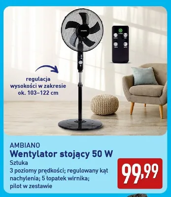 Wentylator stojący Ambiano 50W promocja w Aldi
