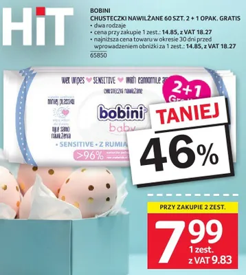 Chusteczki nawilżane Bobini 60 szt. 2+1 gratis promocja w Selgros
