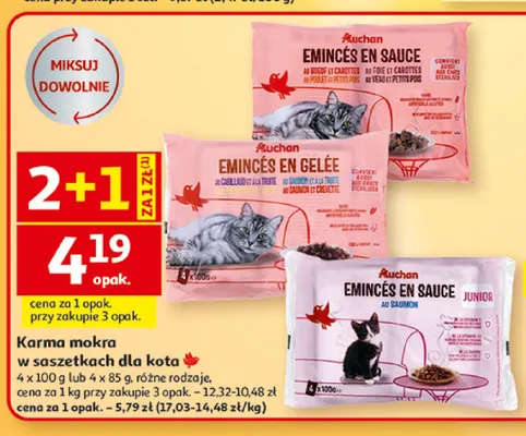 Karma mokra w saszetkach dla kota Émincés en gelée Auchan 4-pak promocja w Auchan