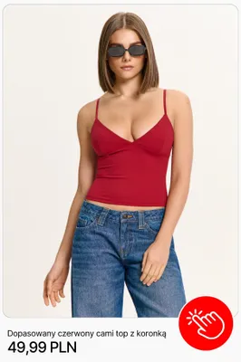 Dopasowany czerwony cami top z koronką Cropp promocja w Cropp