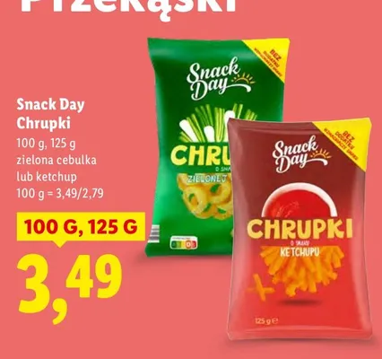 Chipsy Snack Day Chrupki zielona cebulka lub ketchup promocja w Lidl