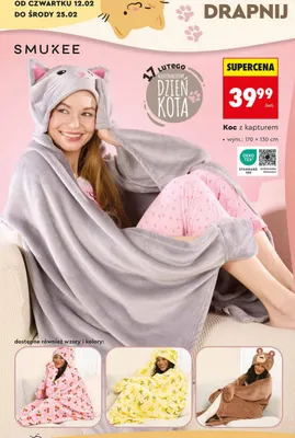 Koc z kapturem 170x130 cm, różne wzory i kolory promocja w Biedronka