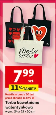 Torba bawełniana walentynkowa wym. 34 x 25 x 10 cm promocja w Auchan