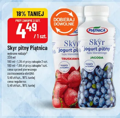 Jogurt pitny Skyr Piątnica o smaku jagodowym promocja w POLOmarket