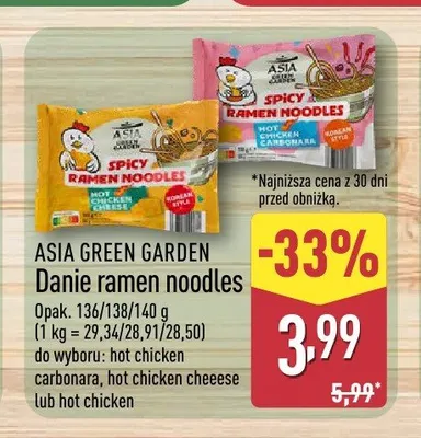 Danie ramen noodles hot chicken cheeese ASIA GREEN GARDEN promocja w Aldi