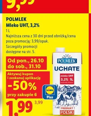 Mleko UHT Polmlek Uchate 3,2% promocja w Lidl