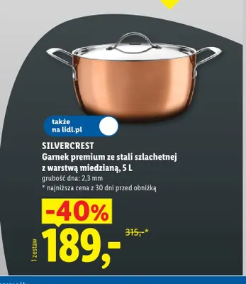 Garnek premium ze stali szlachetnej z warstwą miedzianą 5 l Silvercrest promocja w Lidl