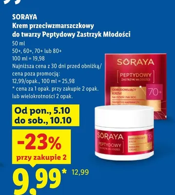 Krem przeciwzmarszczkowy do twarzy Peptydowy Zastrzyk Młodości 70+ Soraya promocja w Lidl