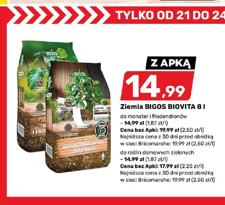 Ziemia do roślin domowych zielonych Bigos Biovita promocja w Bricomarche