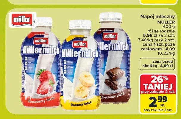 Napój mleczny Müller Müllermilch o smaku truskawkowym promocja w Carrefour Market