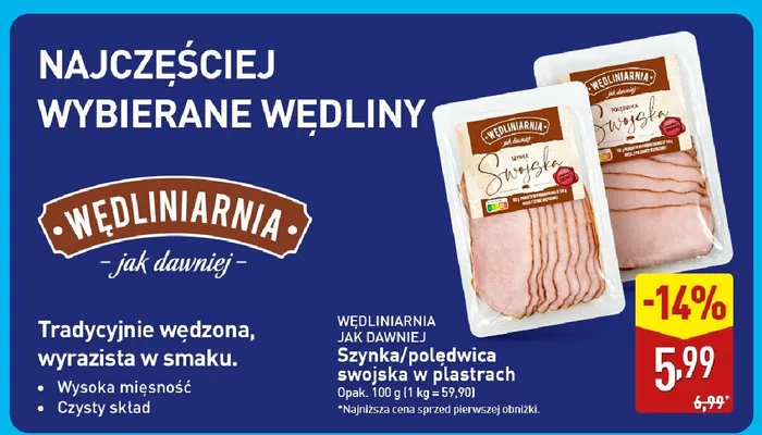 Szynka/schab/szynka swojska w plastrach promocja w Aldi