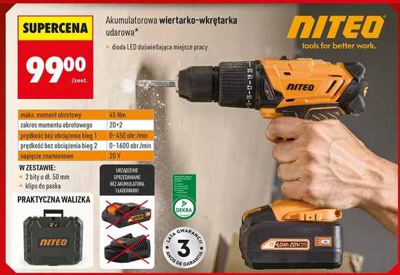 Wiertarko-wkrętarka akumulatorowa udarowa Niteo promocja w Biedronka