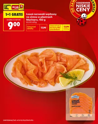 Łosoś norweski wędzony na zimno w plastrach Marinero promocja w Biedronka