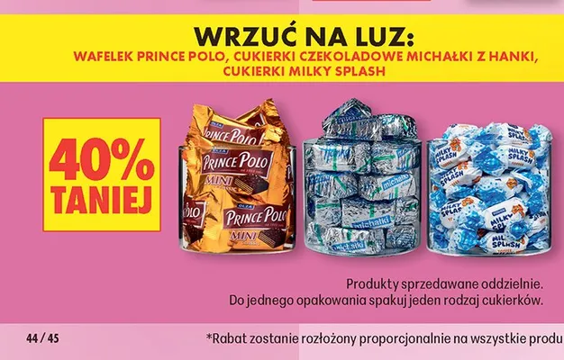 Wafelek Prince Polo, cukierki czekoladowe Michałki z Hanki, cukierki Milky Splash promocja w Biedronka