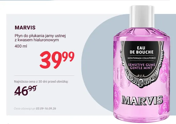 Płyn do płukania jamy ustnej z kwasem hialuronowym Marvis promocja w Rossmann