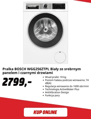 Pralka Bosch WGG256ZTPL biały ze srebrnym panelem i czarnymi drzwiami promocja w Media Markt