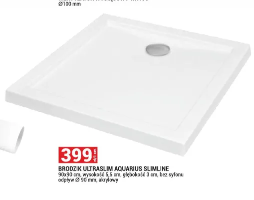 Brodzik Ultraslim Aquarius Slimline 90x90cm wysokość 5,5cm głębokość 3cm bez syfonu odpływ Ø 90mm akrylowy promocja w Merkury Market