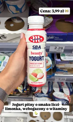 Jogurt pitny Mlekovita SBA Beauty Yogurt liczi-limonka promocja w Dino