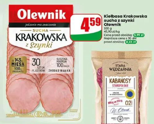 Kiełbasa Krakowska sucha z szynki Olewnik promocja w Dino