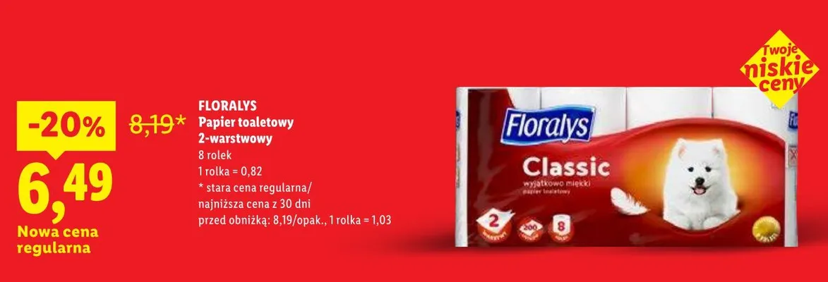 Papier toaletowy Floralys Classic 2-warstwowy 8-pak promocja w Lidl