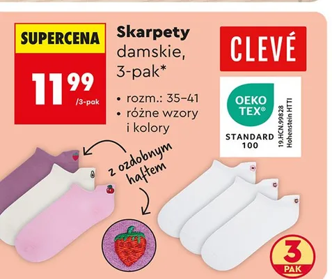 Skarpety damskie CLEVÉ 3-pak rozm.: 35-41 z ozdobnym haftem promocja w Biedronka