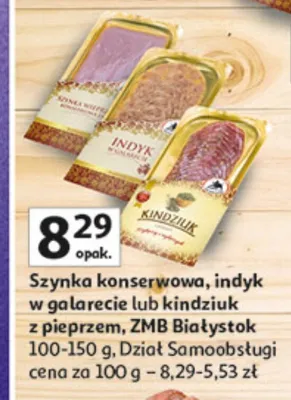 Szynka konserwowa, indyk w galarecie lub kindziuk z pieprzem dział samoobsługi promocja w Auchan