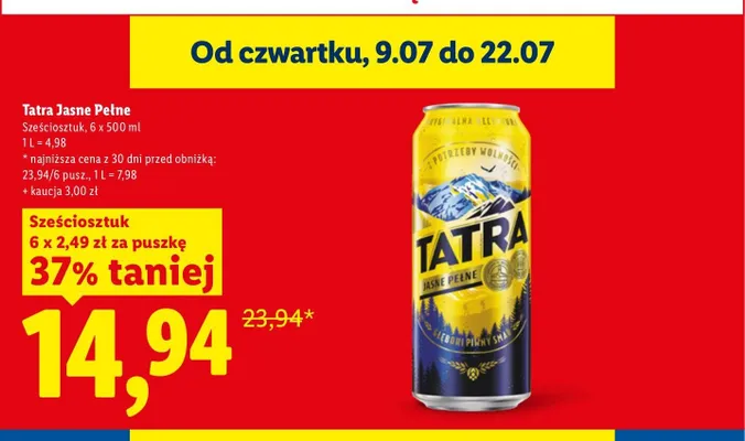 Piwo Tatra Jasne Pełne 6-pak 500 ml promocja w Lidl