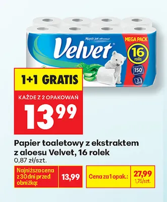 Papier toaletowy z ekstraktem z aloesu Velvet promocja w Biedronka
