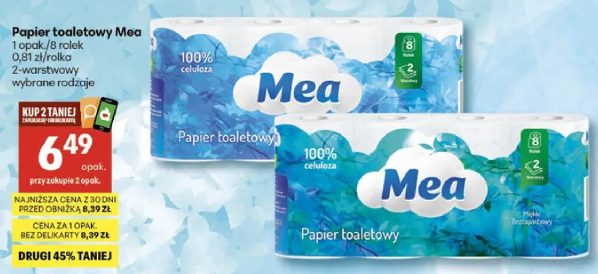 Papier toaletowy Mea 2-warstwowy promocja w Delikatesy Centrum
