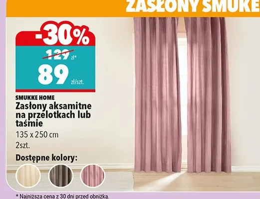 Zasłony aksamitne na przelotkach lub taśmie 135x250 cm promocja w Biedronka