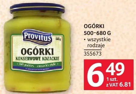 Ogórki konserwowane Provitus 500-680 g promocja w Selgros