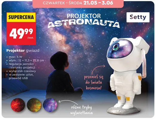 Projektor gwiazd Setty Astronauta moc 5W wym. 12x11,3x22,8cm promocja w Biedronka