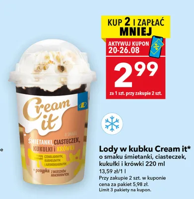 Lody w kubku Cream it o smaku śmietanki ciasteczek kukułki i krówki promocja w LEWIATAN