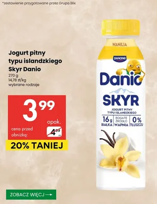 Jogurt pitny typu islandzkiego Skyr Danio wanilia promocja w Delikatesy Centrum