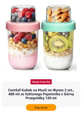 Kubek na musli na wynos ComSaf 2-pak 480 ml ze szklanego pojemnika z górną przegródką 120 ml promocja w Amazon