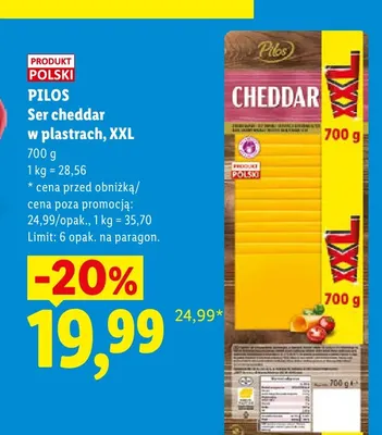 Ser cheddar w plastrach XXL Pilos promocja w Lidl
