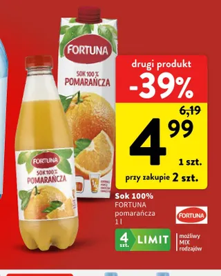 Sok Fortuna pomarańcza 100% promocja w Intermarche