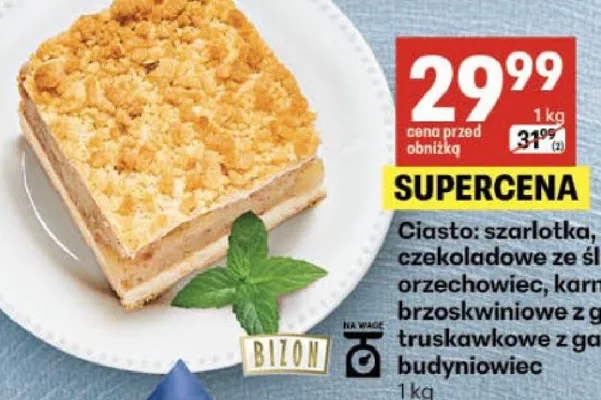 Ciasto szarlotka, chałwowe, czekoladowe ze śliwką, orzechowiec, karmelotka, brzoskwiniowe z galaretką, truskawkowe z galaretką, budyniowiec promocja w Delikatesy Centrum